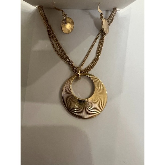Gold Tone Necklace Earrings Set Silver Glitter Disc Statement NOS Minimal Luxe - Picture 5 of 10